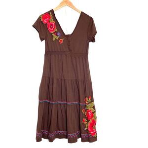 Johnny WAS Los Angeles Brown Floral Embroidered BOHO Cotton Peasant Tier Dress S